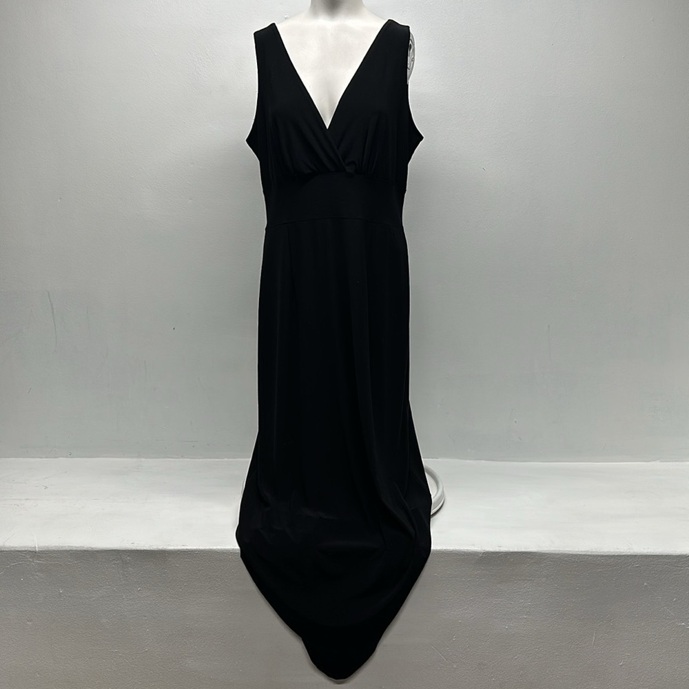 Clara Sun Woo Maxi Long Dress V-Neck Sleeveless Jersey Stretch Knit Black Large